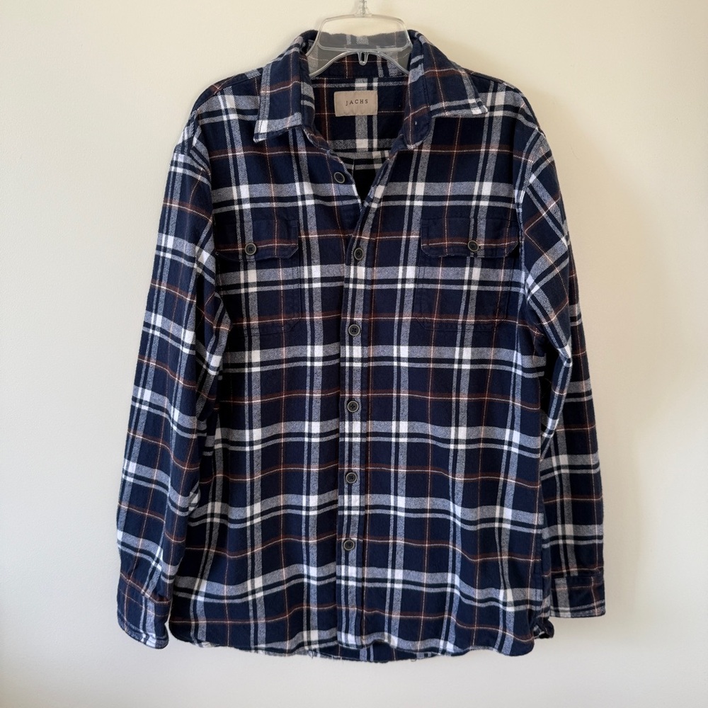 Jachs Men Dark Navy Blue Brown Plaid Button-Up Shirt Top